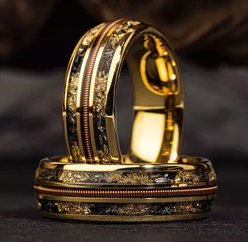 Men's 8mm Tungsten Guitar String & Gold Leaf Meteorite Comfort-Fit Wedding Band